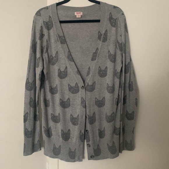 Grey Cat Patterned Cardigan Sweater 